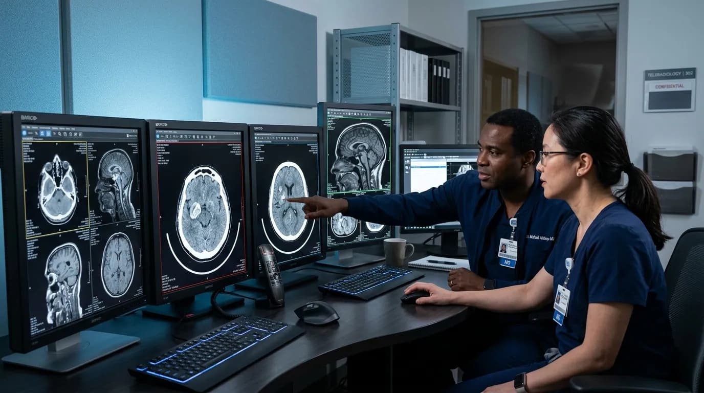 Diagnostic radiologist interpreting overflow cases on hospital PACS workstation