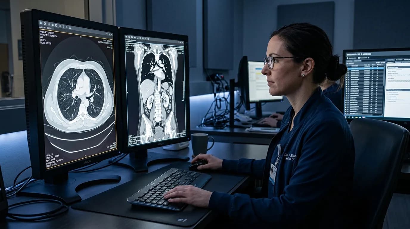Radiologist reviewing chest CT images with a busy worklist on a side monitor