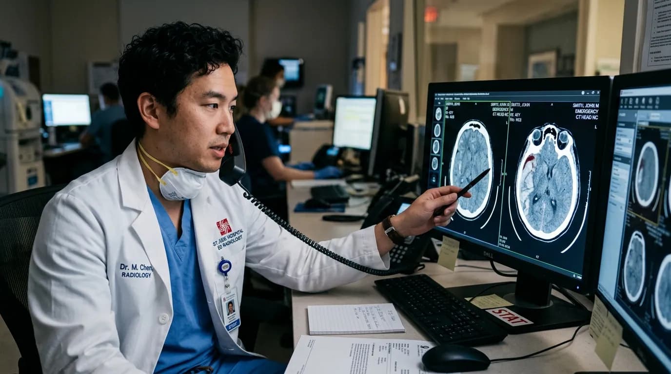Radiologist on the phone pointing to a finding on a head CT at a reading workstation