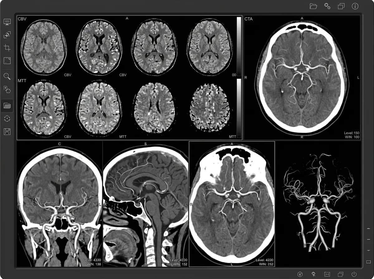 Diagnostic multi-planar stroke imaging study showing axial brain CT perfusion maps and CTA cerebral angiography on medical display