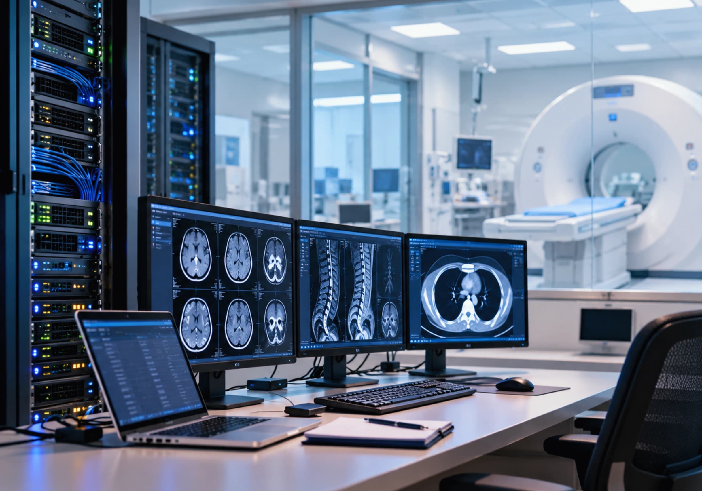 Healthcare IT and radiology staff collaborating at medical workstation