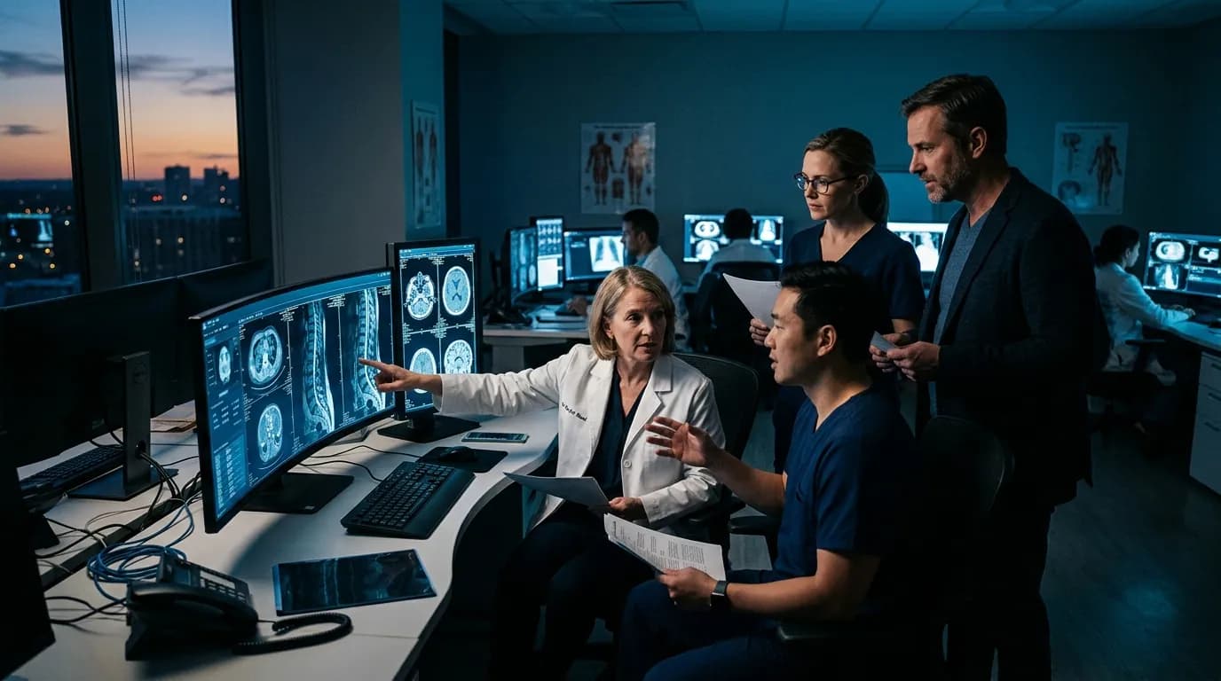 Clinical radiology reading room and hospital leadership consultation at dusk