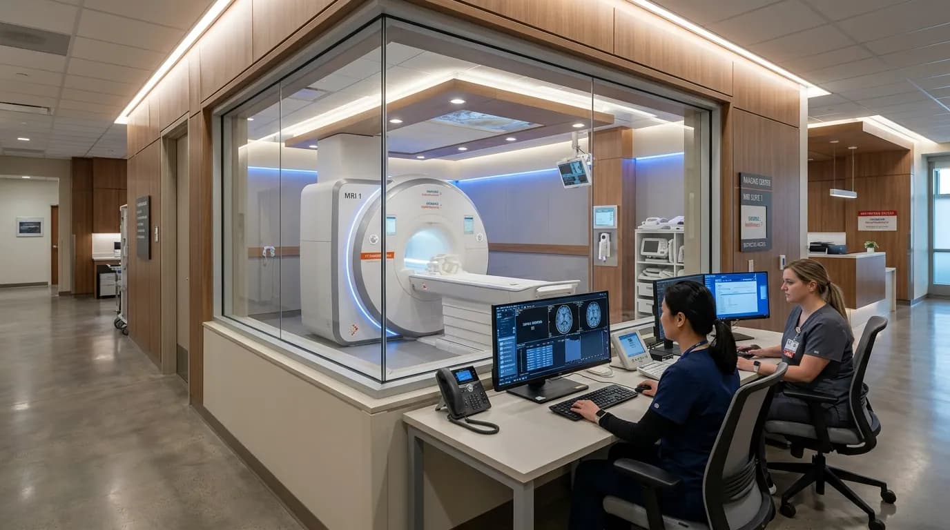Modern hospital diagnostic imaging department with MRI and CT scanners operating on weekend shift